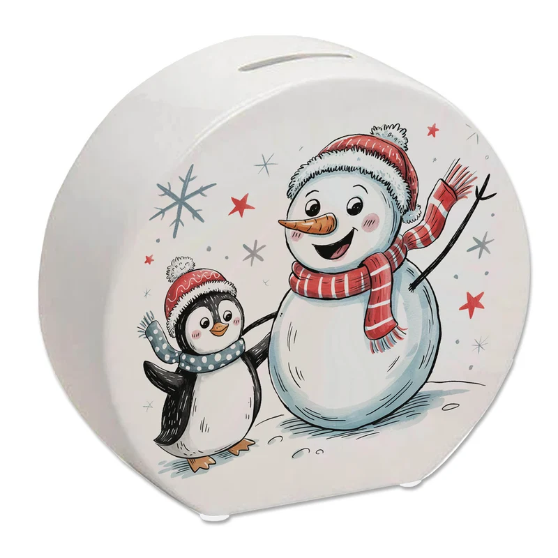 Schneemann und Pinguin mit Schneeflocken Spardose für Winterliebhaber