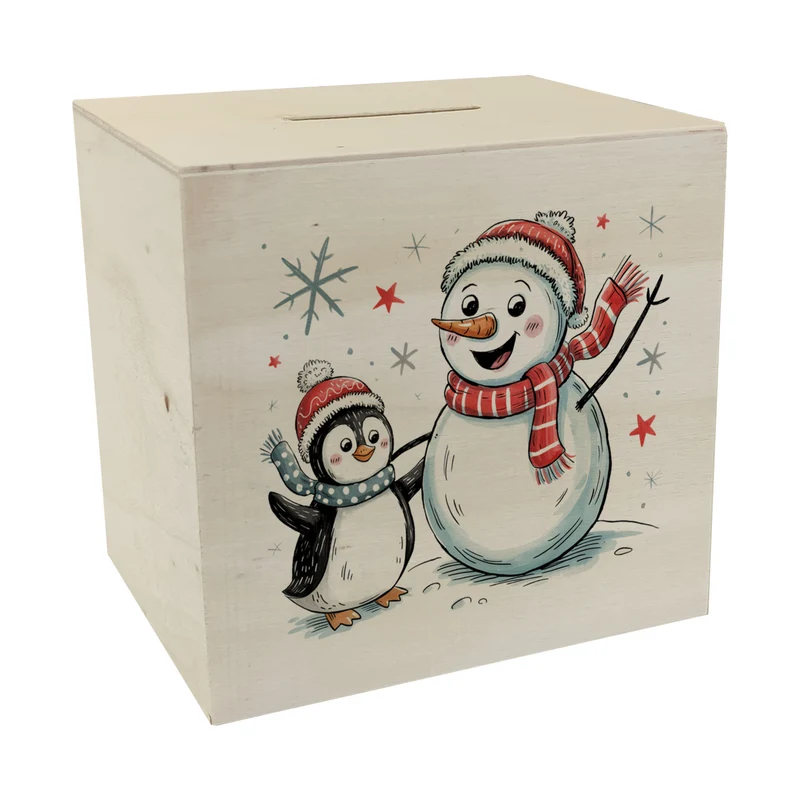 Schneemann und Pinguin mit Schneeflocken Spardose für Winterliebhaber