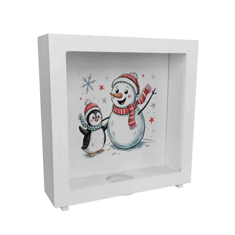 Schneemann und Pinguin mit Schneeflocken Spardose für Winterliebhaber