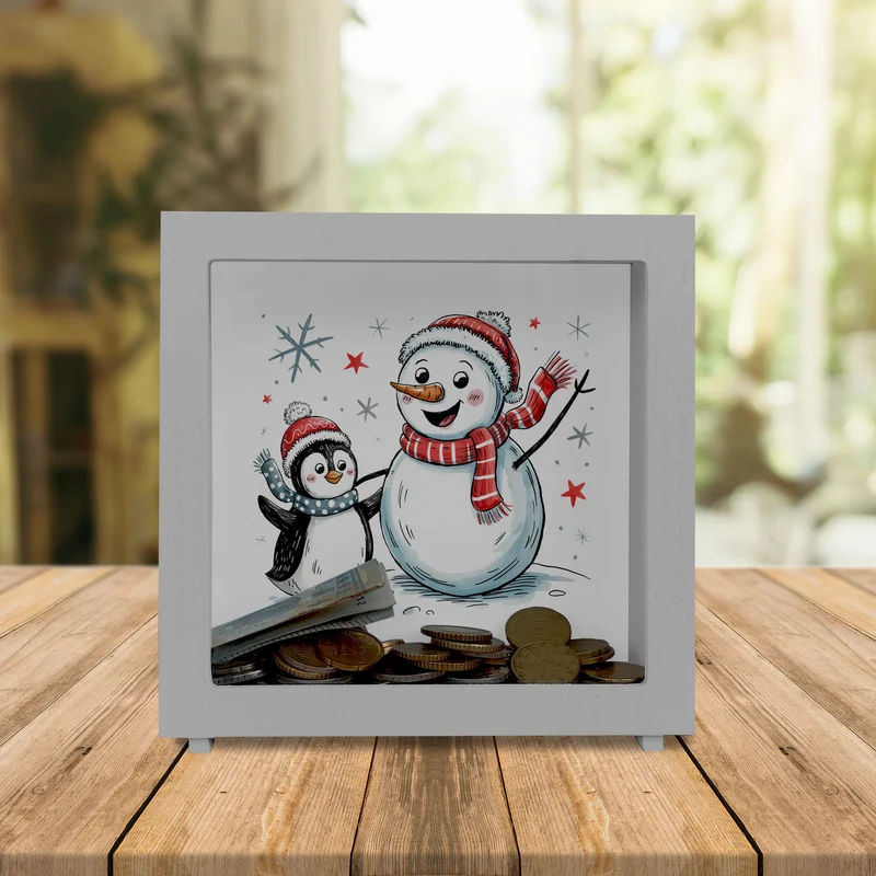 Schneemann und Pinguin mit Schneeflocken Spardose für Winterliebhaber