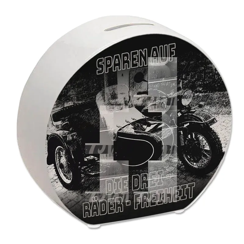 Oldtimermotorrad mit Beiwagen Spardose mit Spruch: Sparen auf die drei Räder Freiheit