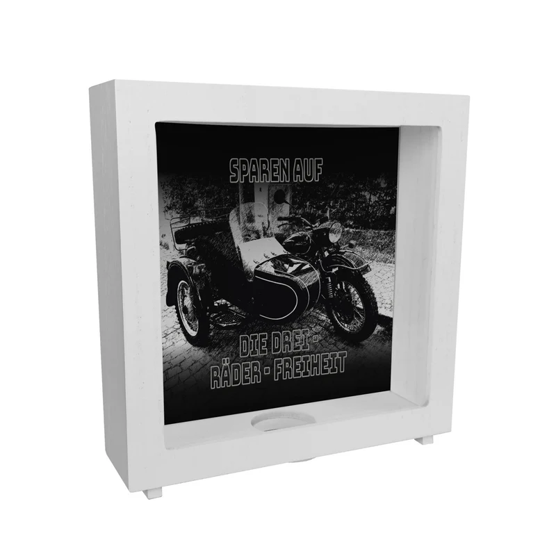 Oldtimermotorrad mit Beiwagen Spardose mit Spruch: Sparen auf die drei Räder Freiheit