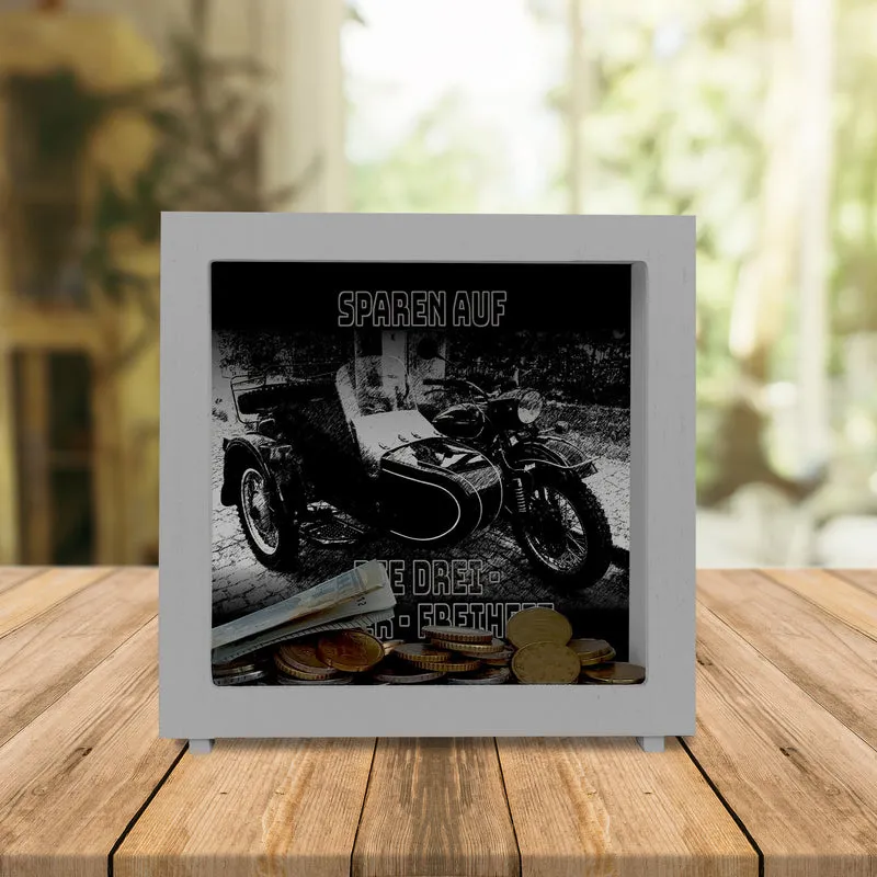 Oldtimermotorrad mit Beiwagen Spardose mit Spruch: Sparen auf die drei Räder Freiheit