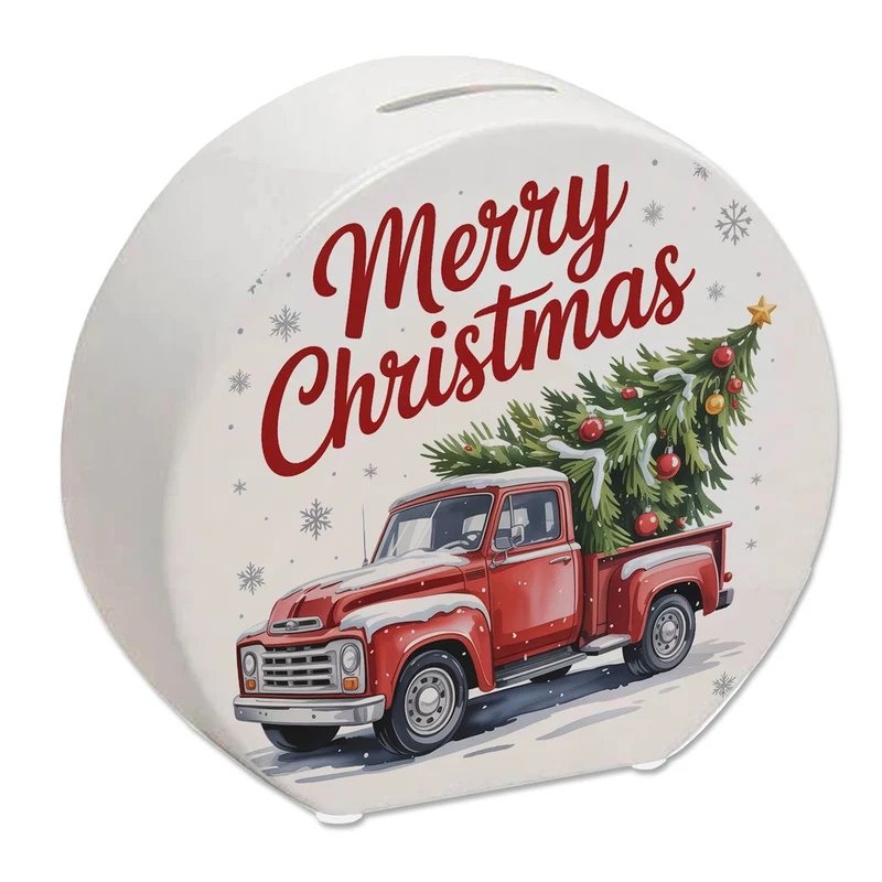 Merry Christmas Spardose mit Rotem Truck und Weihnachtsbaum