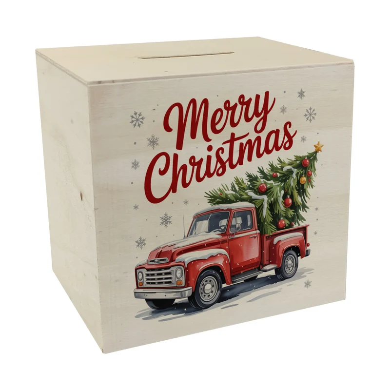 Merry Christmas Spardose mit Rotem Truck und Weihnachtsbaum