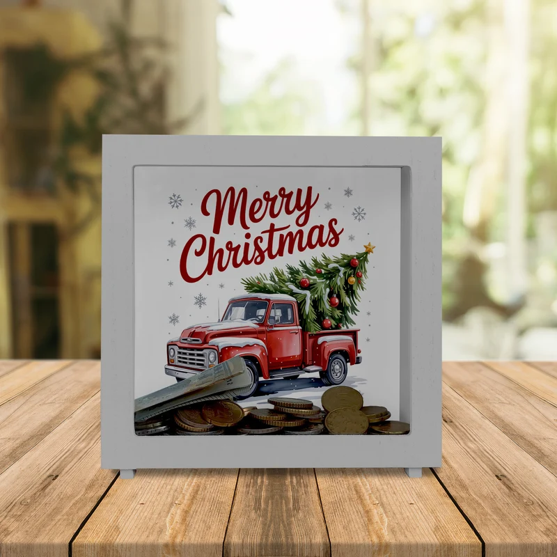 Merry Christmas Spardose mit Rotem Truck und Weihnachtsbaum