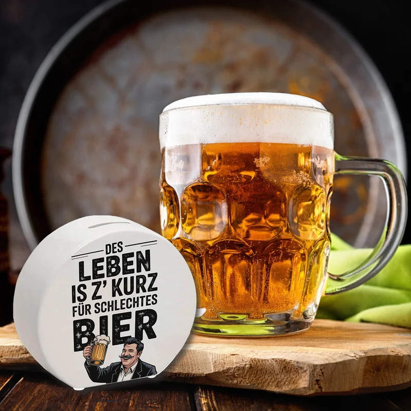 Leben zu kurz für schlechtes Bier Spardose Mann mit Bierkrug