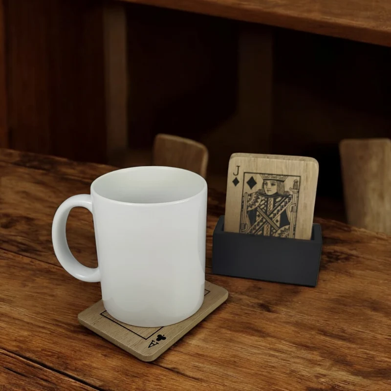 4er Set Kartenspiel Untersetzer aus Holz mit Halterung