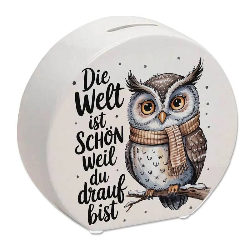 Eule mit Schal Spardose Die Welt ist schön