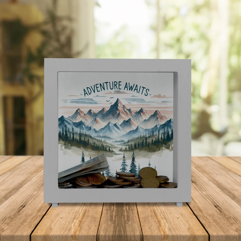 Bergpanorama Spardose mit Spruch Adventure Awaits