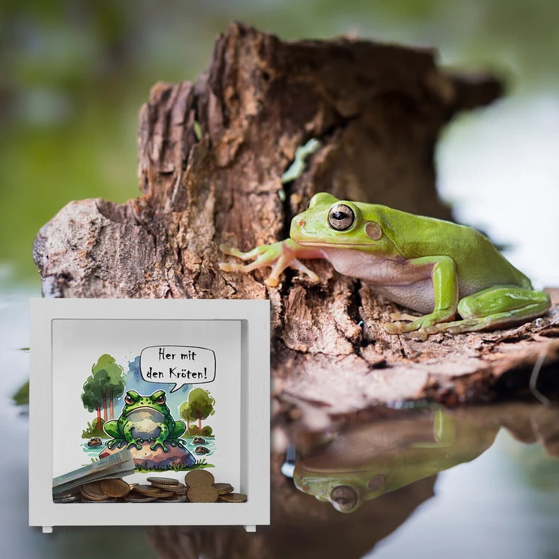 Griesgrämiger Frosch Spardose mit Spruch Her mit den Kröten!