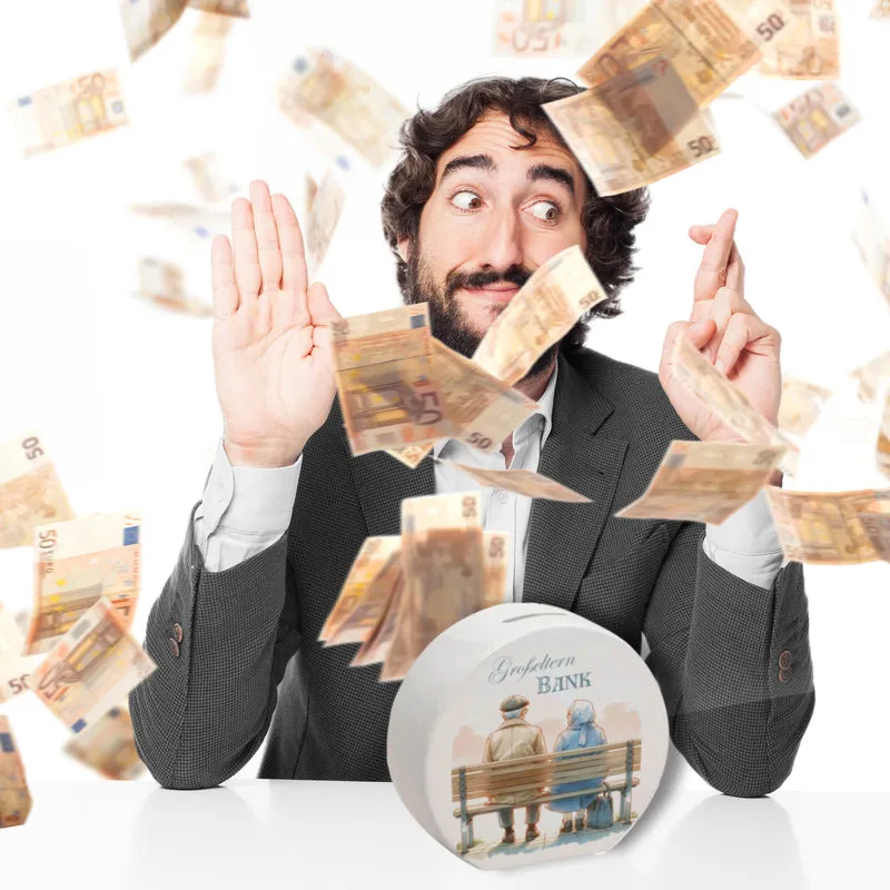 Großeltern auf einer Bank Spardose