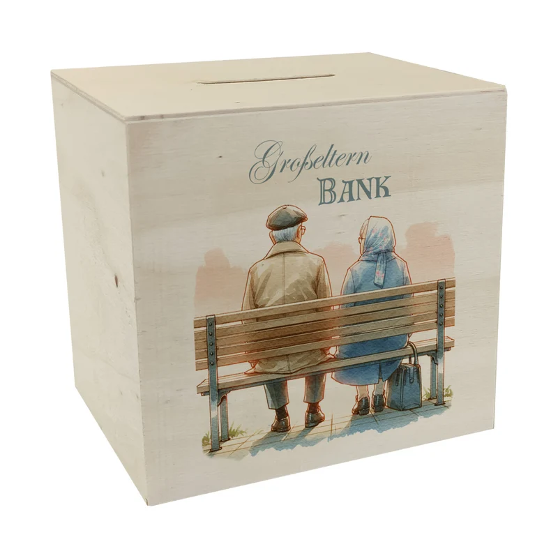 Großeltern auf einer Bank Spardose