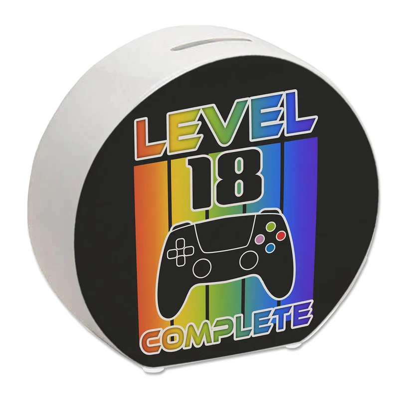 18. Geburtstag Gamer Spardose mit Spruch Level 18 complete