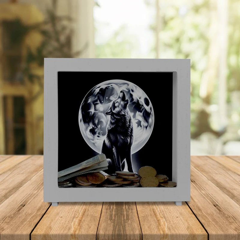 Sitzender Wolf im Mondschein Spardose