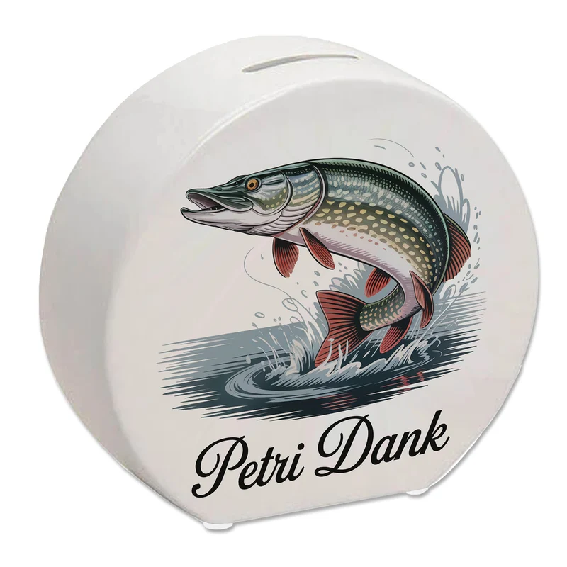 Petri Dank Spardose mit prächtigem Hecht für Angler