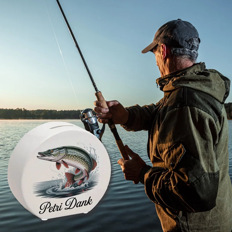 Petri Dank Spardose mit prächtigem Hecht für Angler