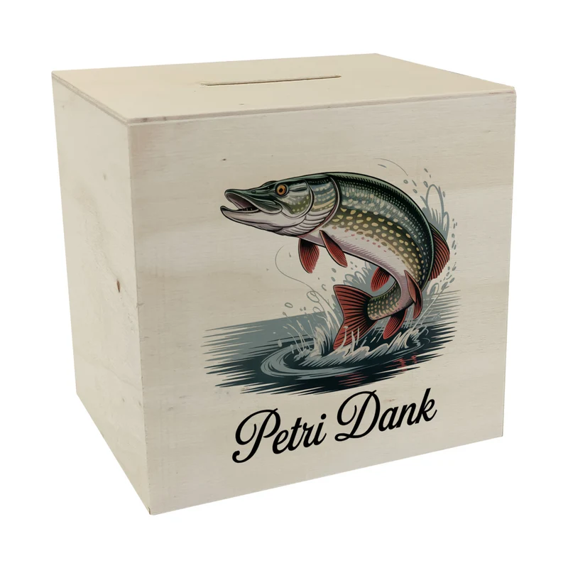Petri Dank Spardose mit prächtigem Hecht für Angler