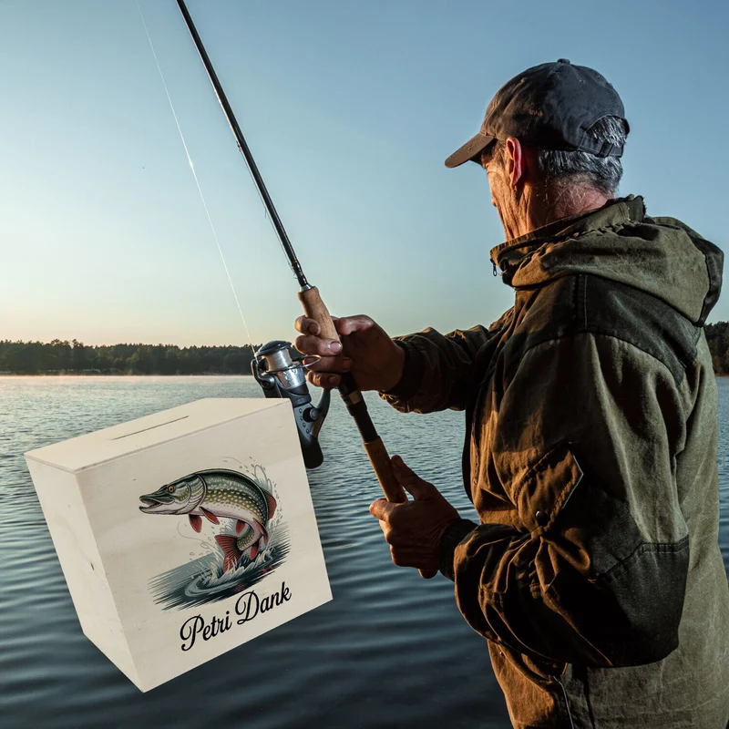Petri Dank Spardose mit prächtigem Hecht für Angler