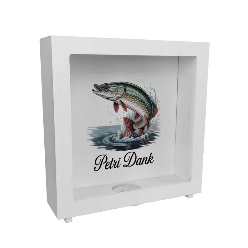 Petri Dank Spardose mit prächtigem Hecht für Angler