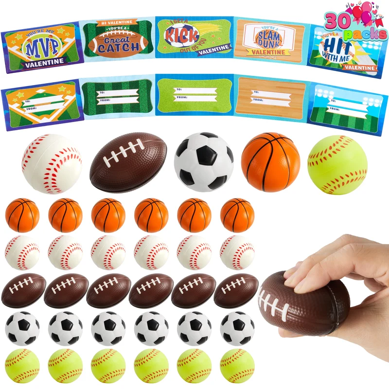30Pcs Mini Sports Squeeze Balls with Kids Valentines Cards for Classroom Exchange