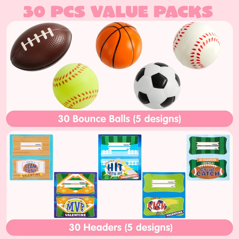 30Pcs Mini Sports Squeeze Balls with Kids Valentines Cards for Classroom Exchange