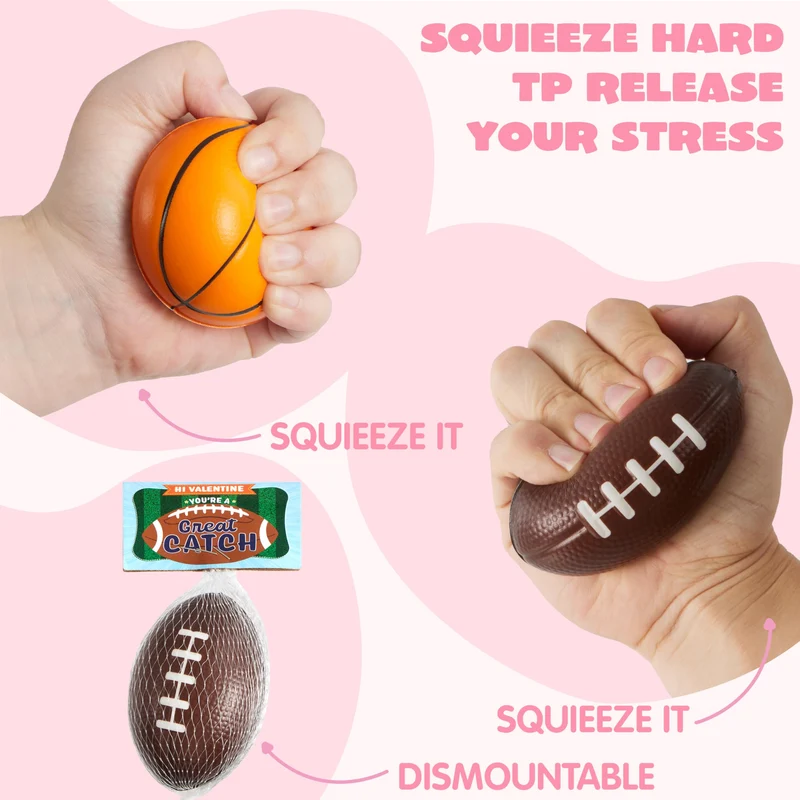 30Pcs Mini Sports Squeeze Balls with Kids Valentines Cards for Classroom Exchange