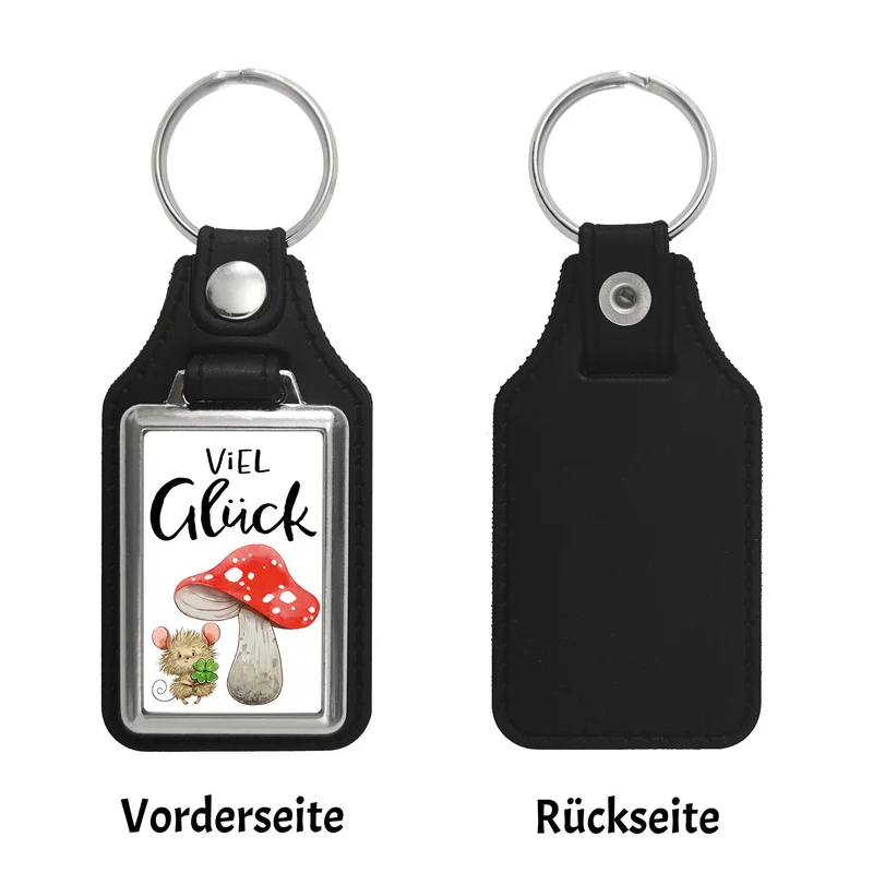 Maus mit Fliegenpilz Schlüsselanhänger mit Spruch Viel Glück