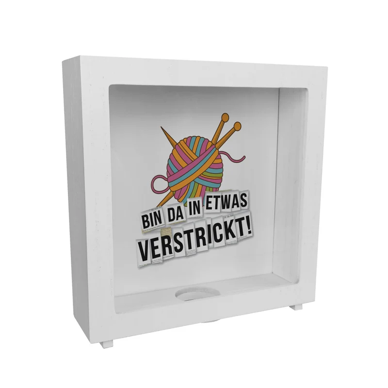 Bin da in etwas verstrickt Spardose mit Wolle und Stricknadeln