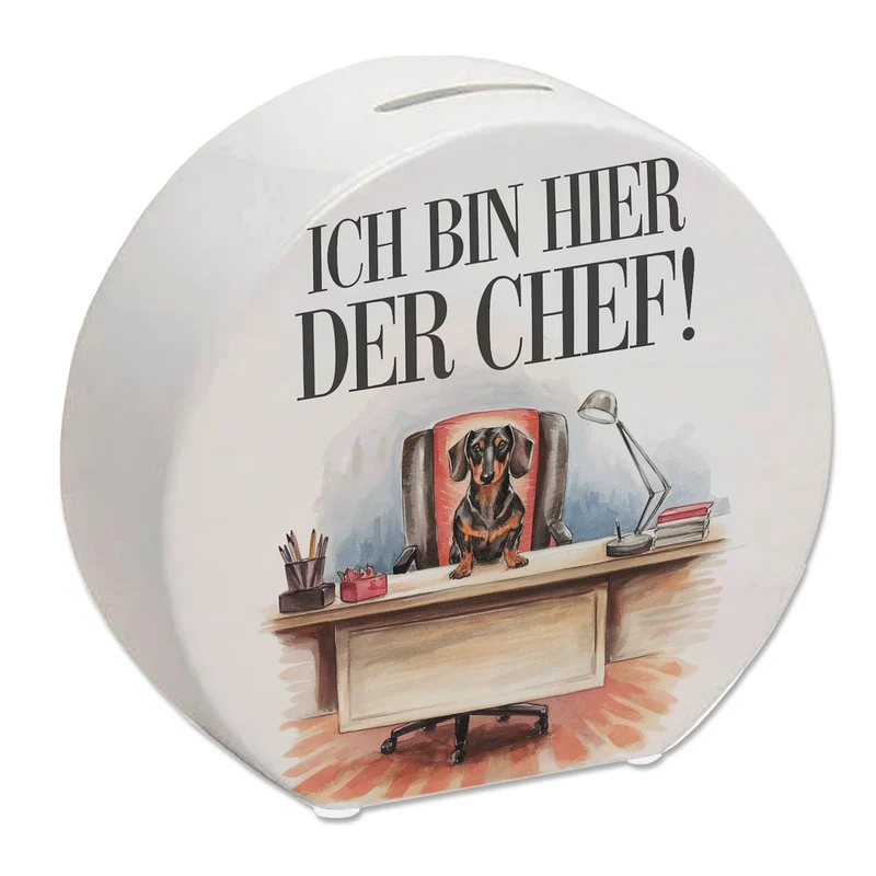 Hier ist der Dackel der Chef Spardose - Dackel auf Bürostuhl