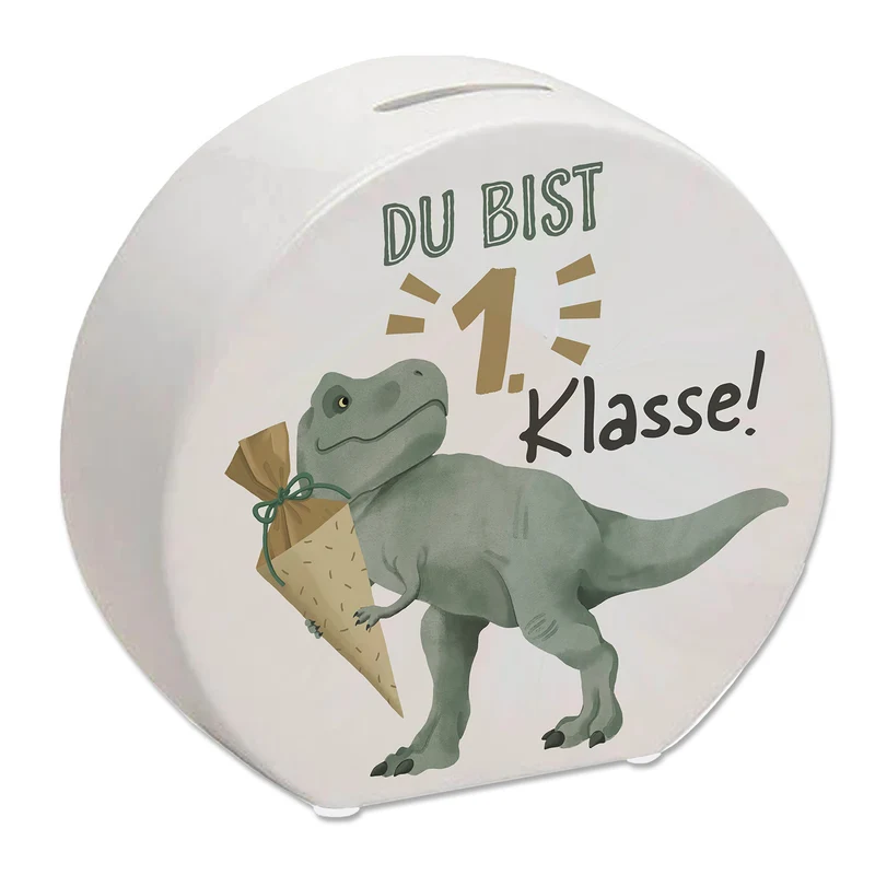 Dino mit Schultüte Spardose mit Spruch Du bist 1. Klasse!