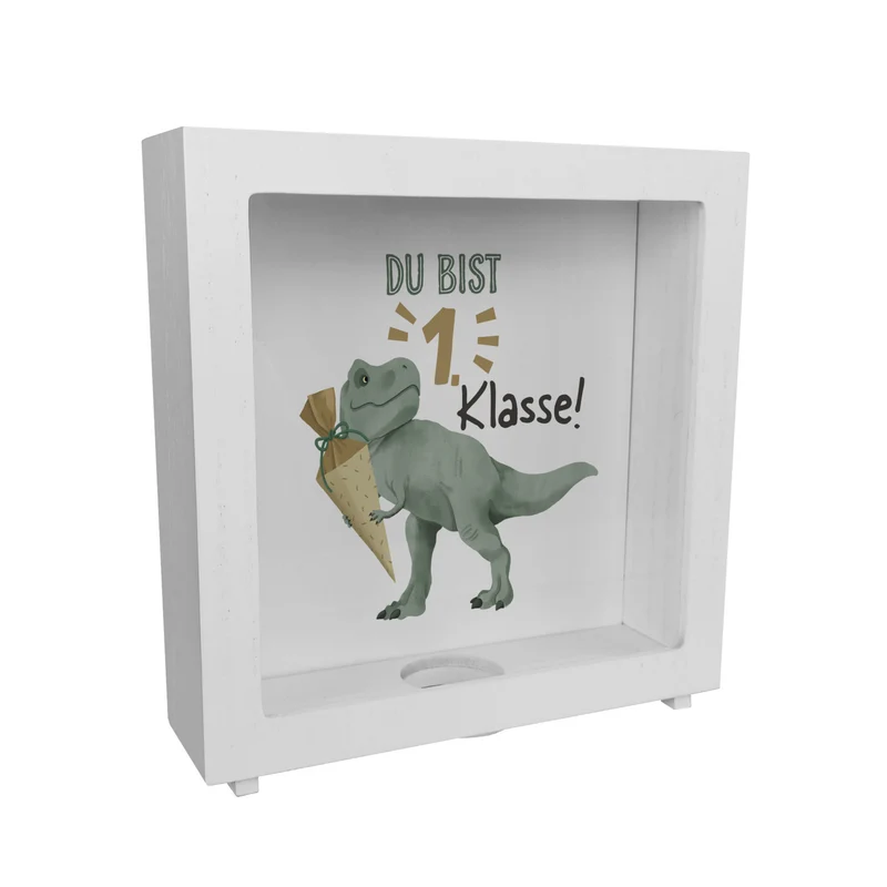 Dino mit Schultüte Spardose mit Spruch Du bist 1. Klasse!