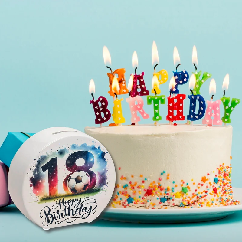 18. Geburtstag Fußball Spardose mit Spruch Happy Birthday 18
