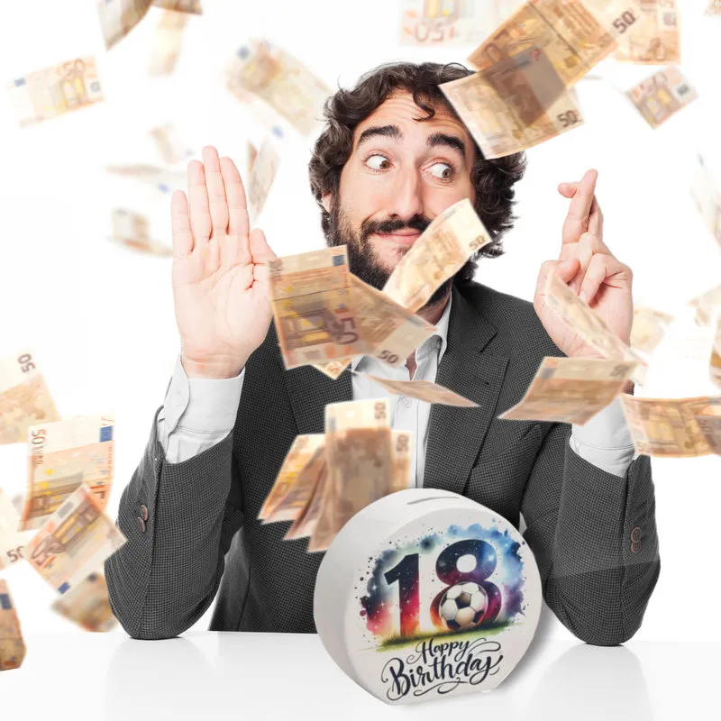 18. Geburtstag Fußball Spardose mit Spruch Happy Birthday 18