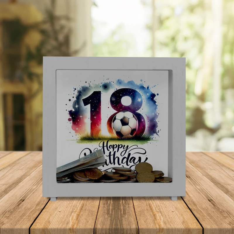 18. Geburtstag Fußball Spardose mit Spruch Happy Birthday 18