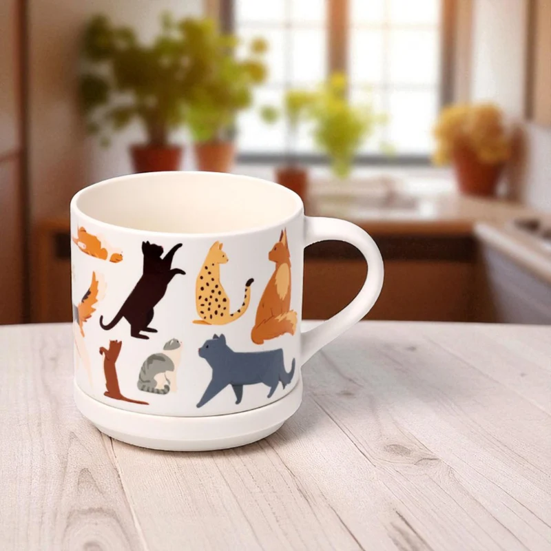 Feline Fine Katzen Kaffeebecher & Untersetzer Set