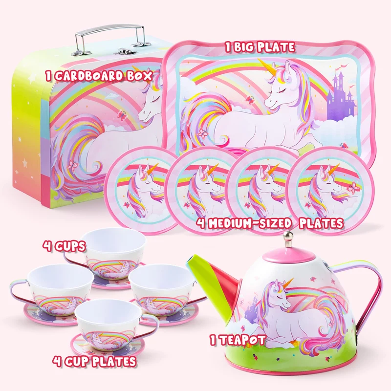 Unicorn Tin Teapot Set With Mermaid Case, 14 Pcs