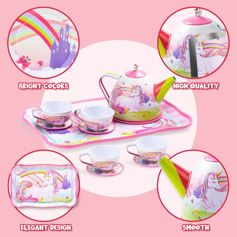 Unicorn Tin Teapot Set With Mermaid Case, 14 Pcs