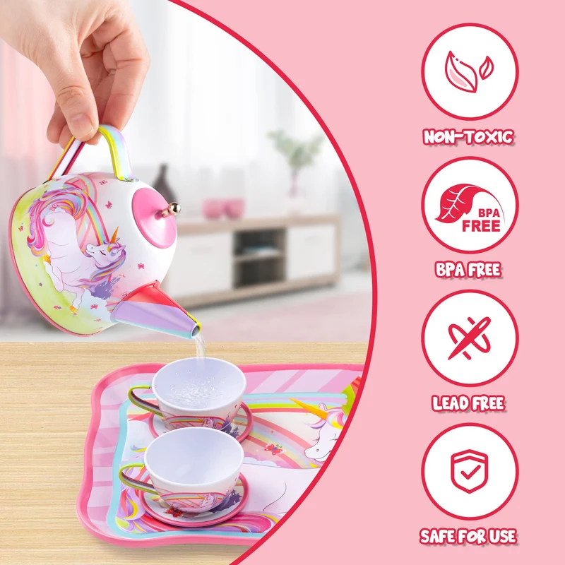 Unicorn Tin Teapot Set With Mermaid Case, 14 Pcs