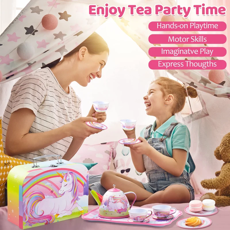 Unicorn Tin Teapot Set With Mermaid Case, 14 Pcs