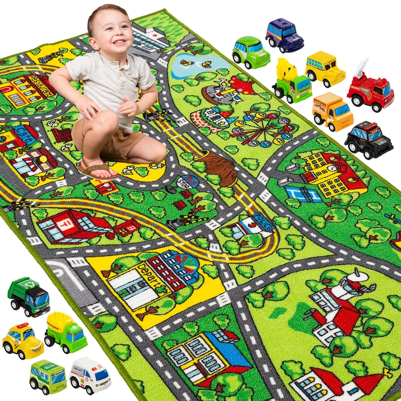 Carpet Playmat W/ 12 Cars Pull-back Vehicle Set