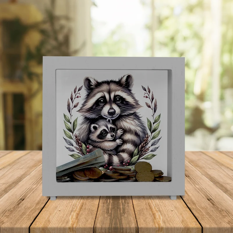 Waschbärmama mit Baby Spardose