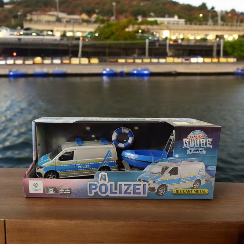 Volkswagen VW Polizei-Van mit Boot und Anhänger Spielzeug Polizeiauto mit Pull Back Motor