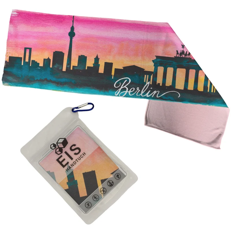 Aquarell Berliner Skyline Eishandtuch mit Berlin Schriftzug