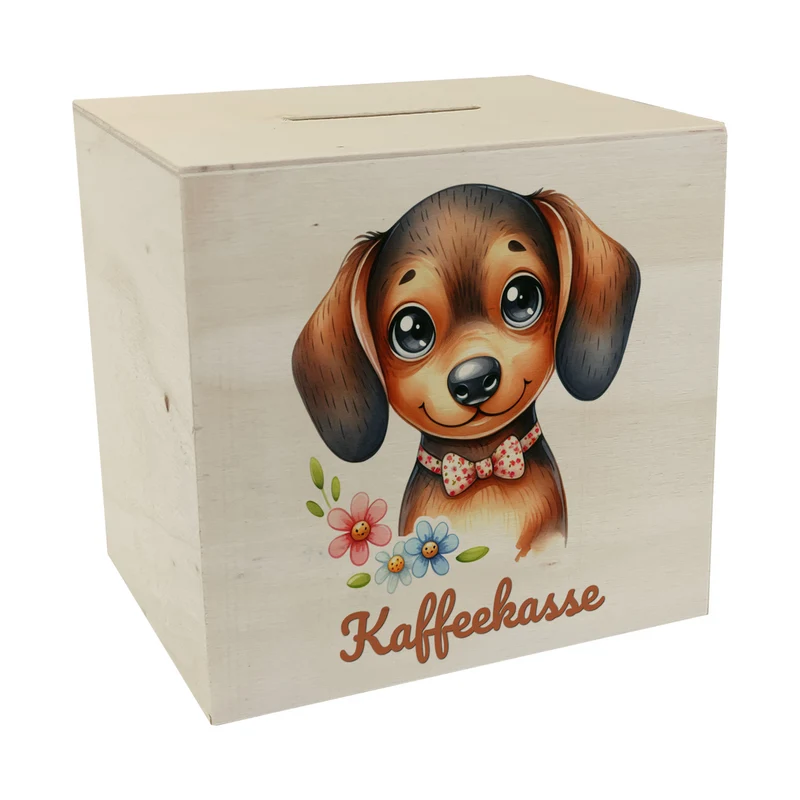 Dackel mit Schleife Spardose mit Spruch Kaffeekasse