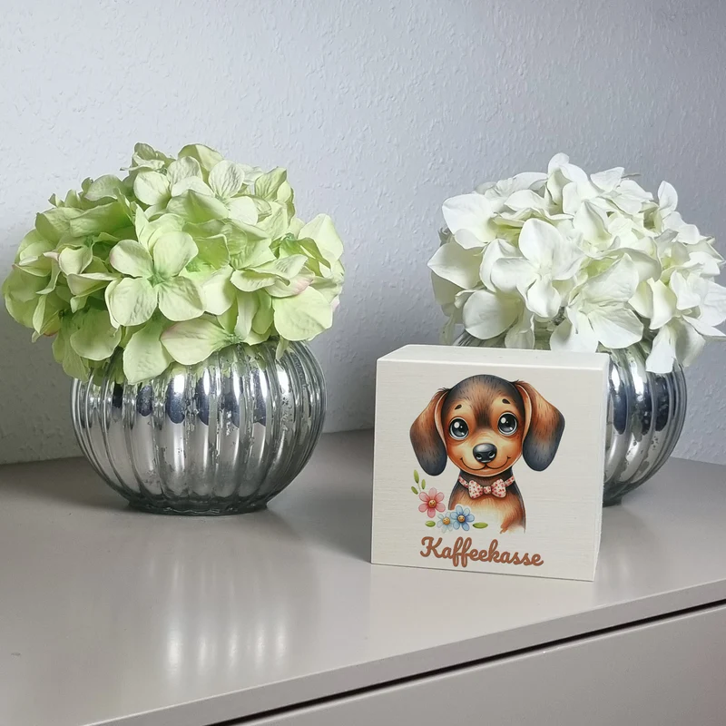 Dackel mit Schleife Spardose mit Spruch Kaffeekasse