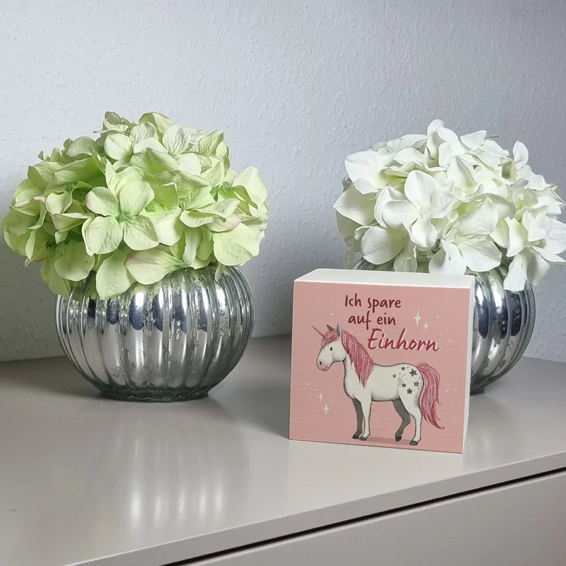 Einhorn Spardose in rosa mit Spruch Ich spare auf ein Einhorn