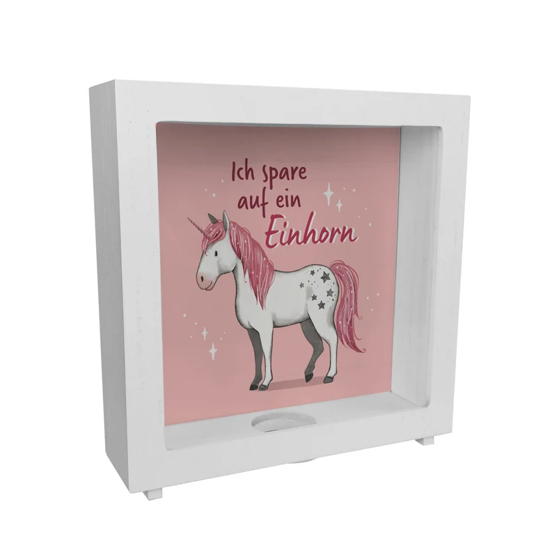 Einhorn Spardose in rosa mit Spruch Ich spare auf ein Einhorn