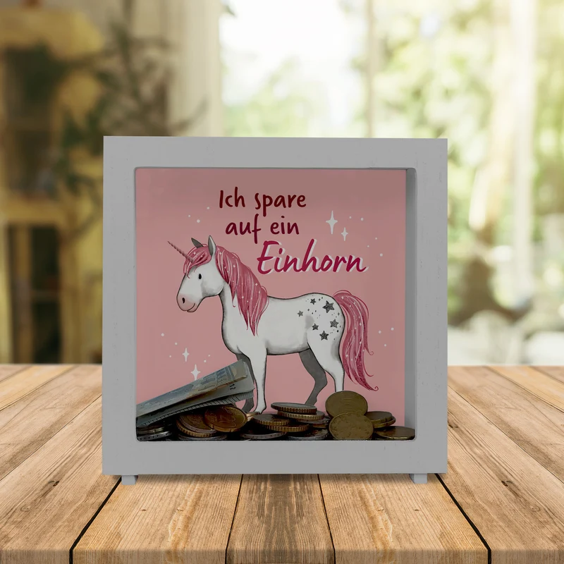 Einhorn Spardose in rosa mit Spruch Ich spare auf ein Einhorn