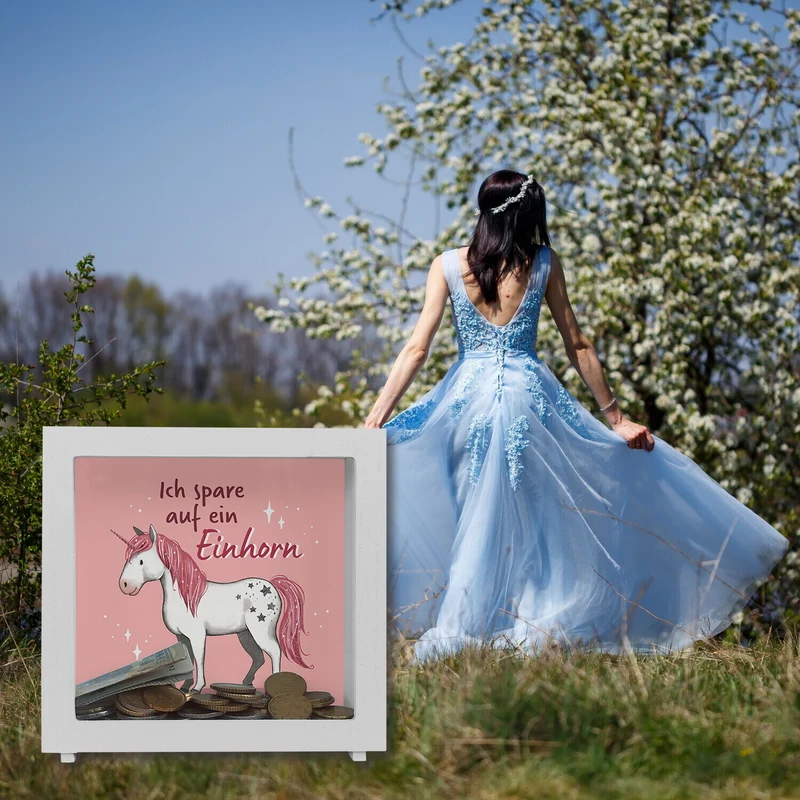Einhorn Spardose in rosa mit Spruch Ich spare auf ein Einhorn